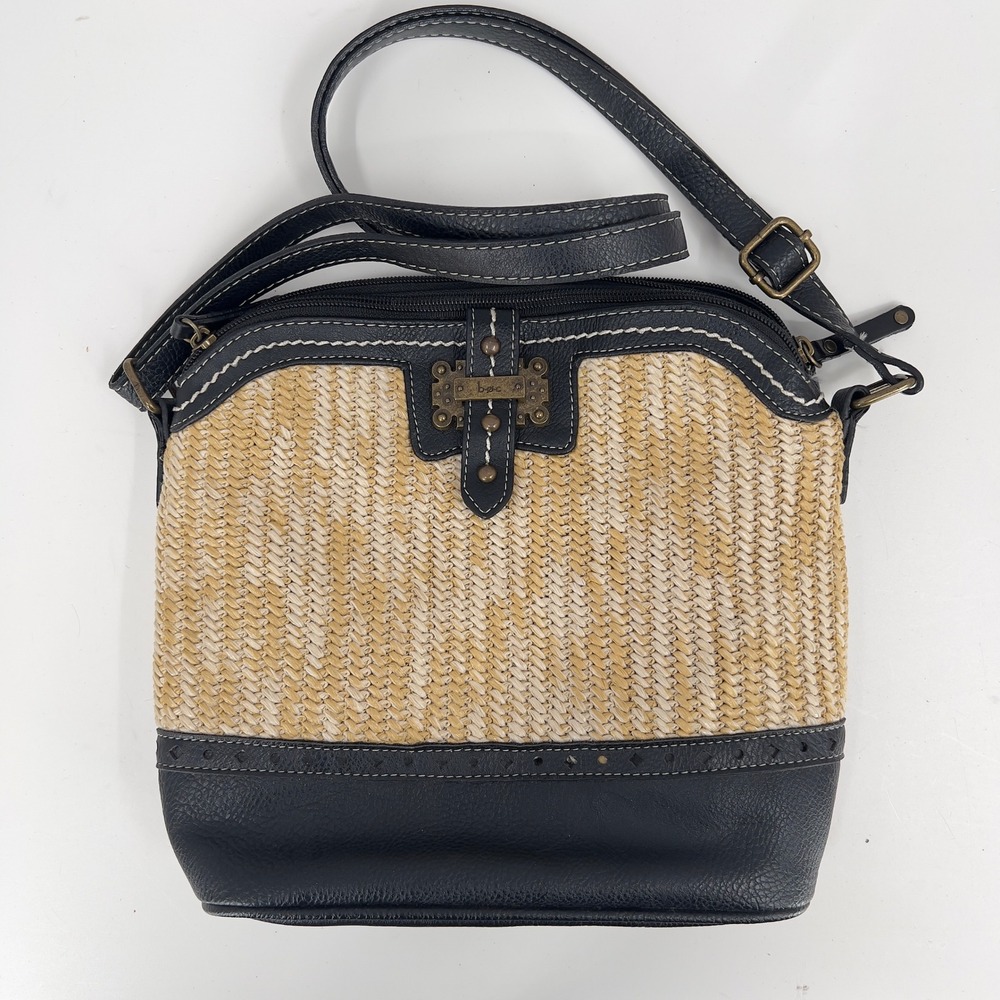 b.o.c. Womens Crossbody Bag Black Beige Woven Straw Cottagecore Coastal Grandma